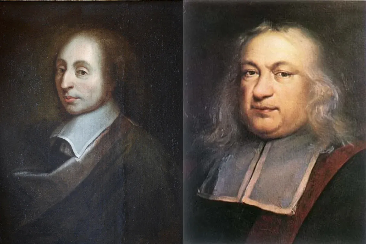 Hai bức chân dung sơn dầu đặt cạnh nhau: bên trái là Blaise Pascal tóc dài, cổ áo trắng; bên phải là Pierre de Fermat tóc xoăn dài, áo choàng thẩm phán. Cả hai tranh đều thuộc phạm vi công cộng (Wikimedia Commons).